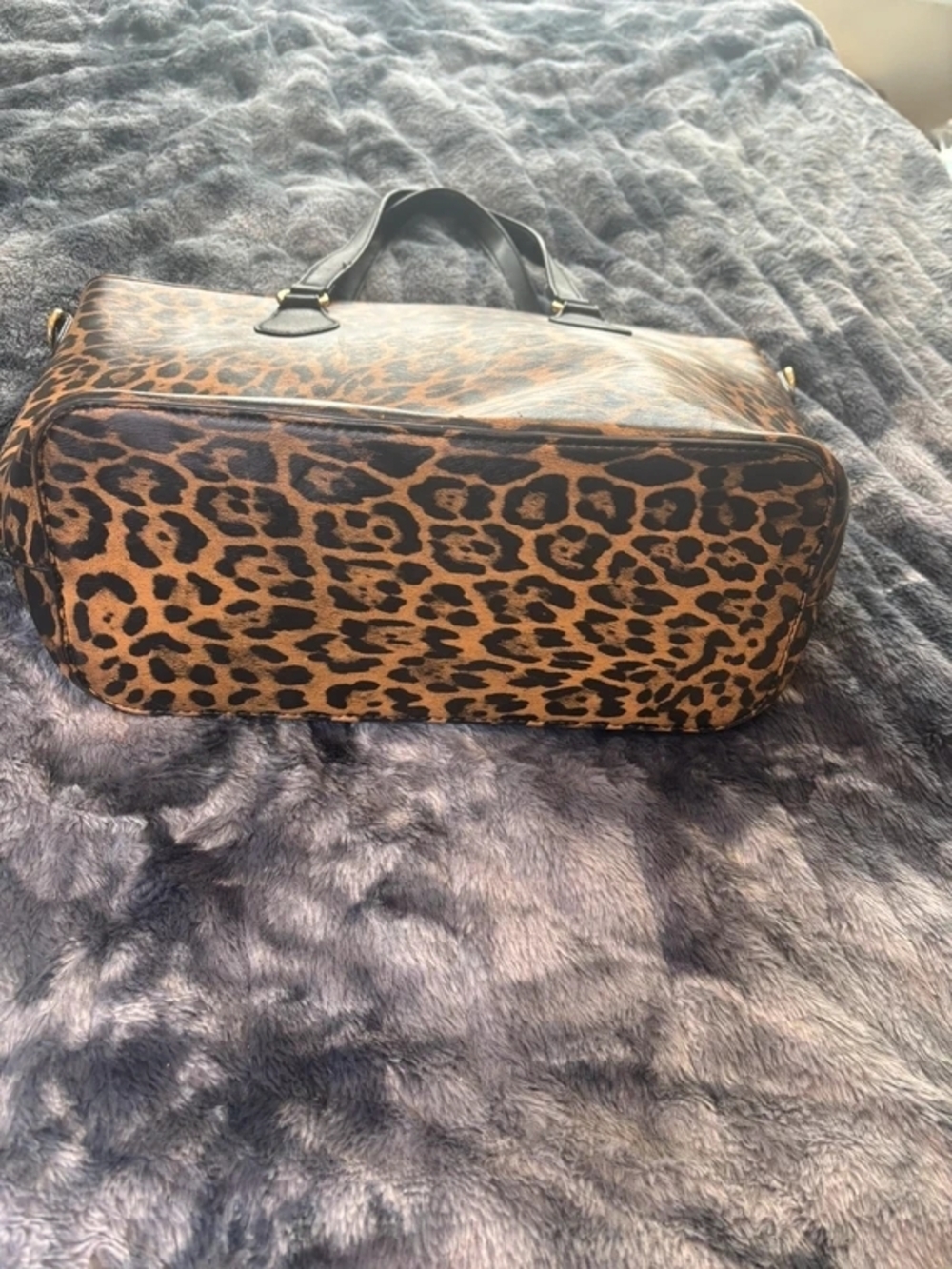Leopard Print Tote with Black Handles and Gold Stud Accents - Picture 3 of 5